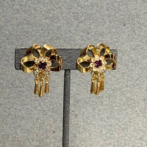 Vintage Bouquet Screwback Earrings 1.5 In As Is Gold Purple Rhinestone Dangle